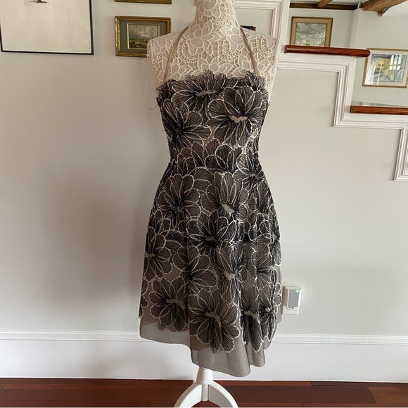 LELA ROSE Black Floral Mesh Embroidered Dress Halter Strapless Sz 8 - Picture 2 of 7